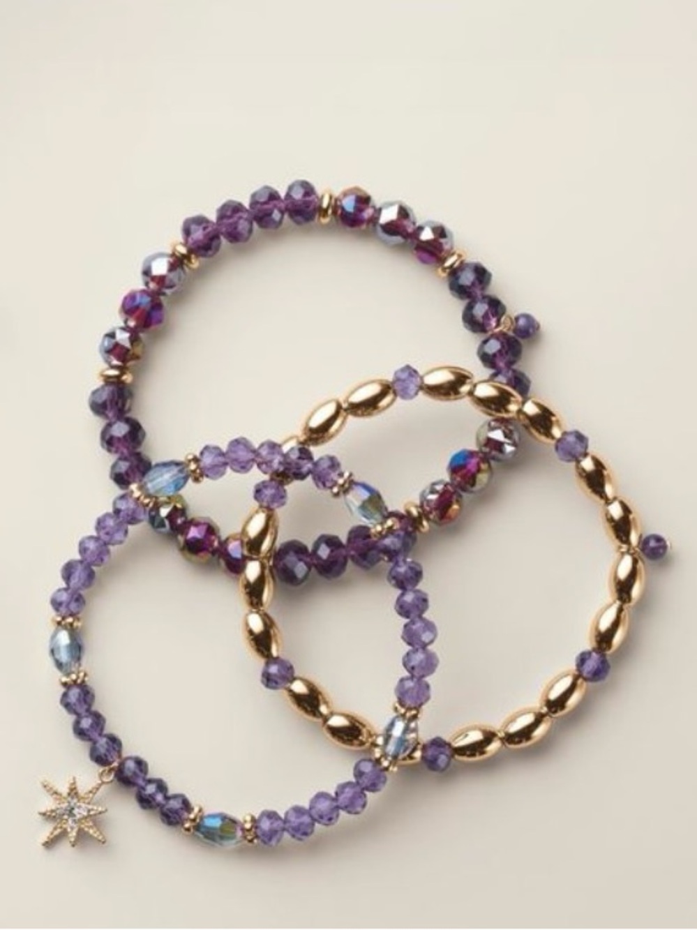 Tranquility Lavender Purple Goldtone Beaded Stretch Bracelet Set